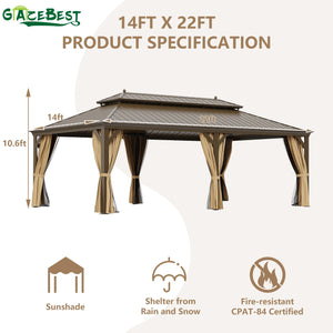 GAZEBEST 14' X 22' Permanent Hardtop Gazebo, Outdoor Galvanized Steel Double Roof Pavilion Pergola Canopy with Aluminum Frame and Privacy Curtains for Garden Patio,Patio Backyard,Deck and Lawns